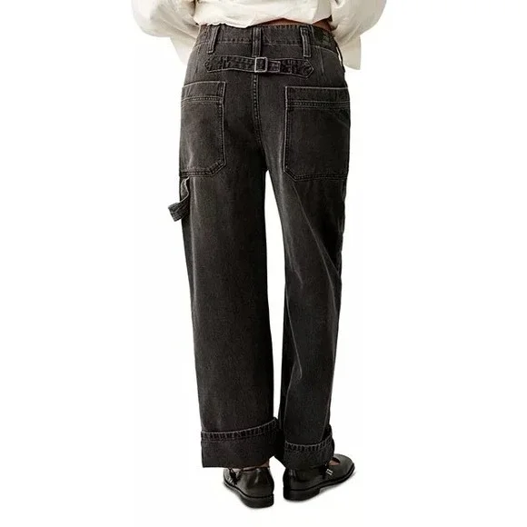 Free People Carpenter Jeans Wide Leg Cropped Utility Faded Black Women 27 Grunge - Picture 5 of 16